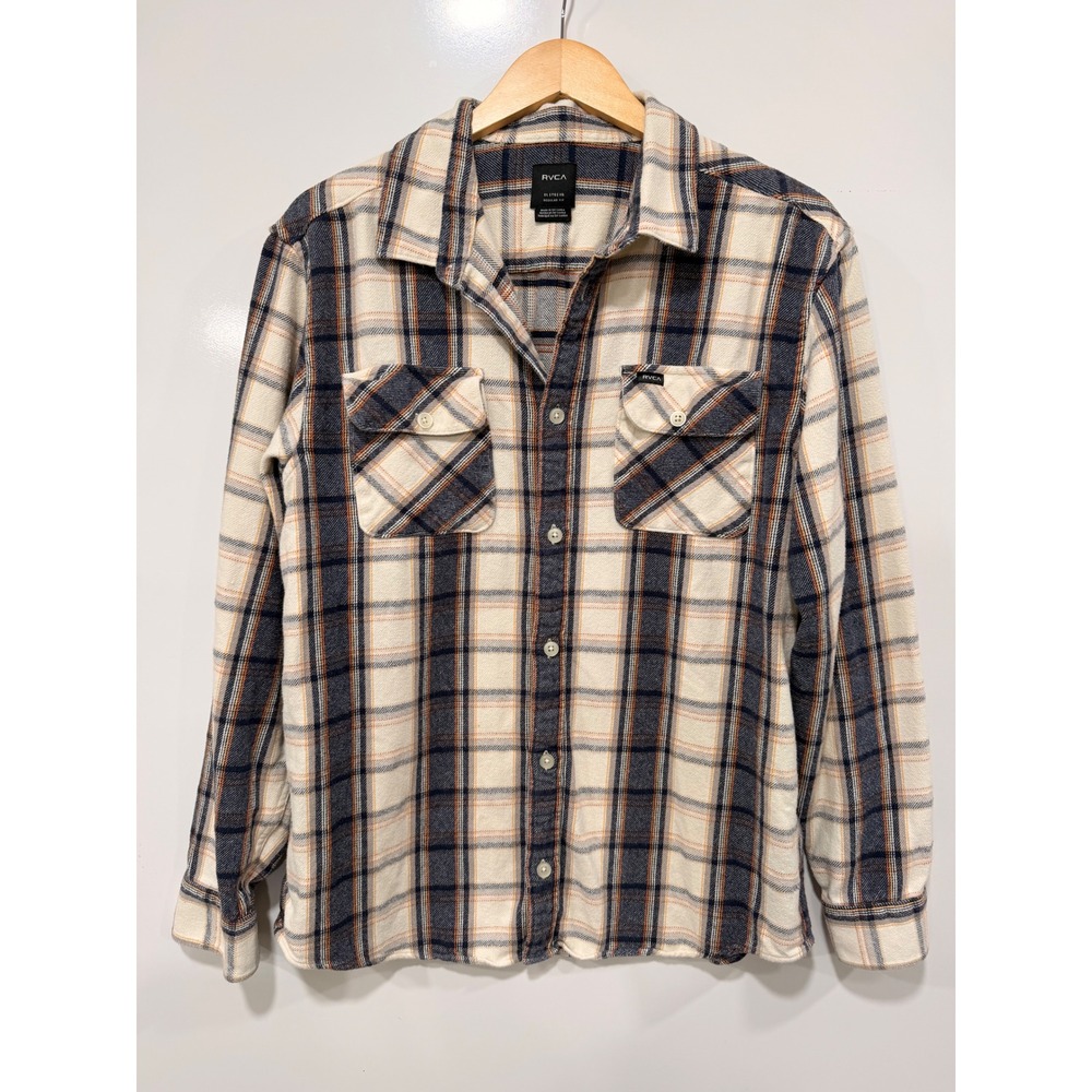 RVCA Mens Flannel Shirt XL Regular Fit Plaid Long Sleeve Button Down Cream Navy